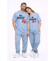 Sevgili Kombini Her Beast His Beauty Oversize Çift Tişört Unisex Partner Couple Kombin Seti (Mavi)