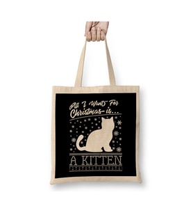 All I Want For Christmas Is A Kitten Knit Cat Yılbaşı Beyaz Bez Çanta Uzun Saplı Alışveriş Çantası