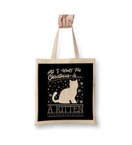 All I Want For Christmas Is A Kitten Knit Cat Yılbaşı Beyaz Bez Çanta Uzun Saplı Alışveriş Çantası