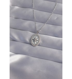 pilelistore 316L Çelik Zincir Gümüş Renk Zirkon Taşlı Kabartmalı Kutup Yıldızı Kolye - TJ-BKO9016