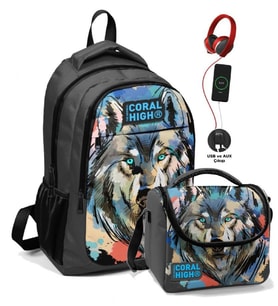 Coral High Erkek Çocuk Okul Çantası ve Beslenme Çantası Seti - Siyah Gri Kurt