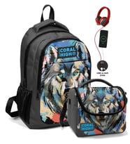 Coral High Erkek Çocuk Okul Çantası ve Beslenme Çantası Seti - Siyah Gri Kurt
