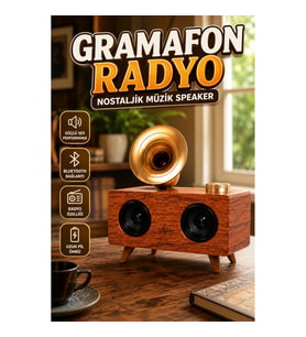 Vintage Ahşap Görünümlü Bluetooth Hoparlör Retro Radyo Gramofon FM Radyo USB SD Kart Destekli