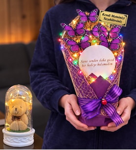 Size Özel Renkli Led Işıklı Aynalı Kelebek Buketi & Led Işıklı Fanuslu (Model 4)