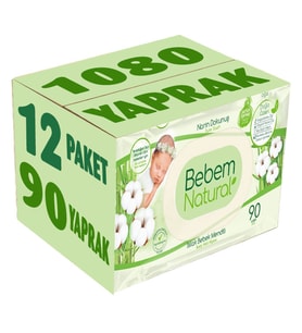 Bebem Natural Islak Bebek Mendili Narin Dokunuş / Yenidoğan 90 Yaprak Plastik Kapaklı 12 Li Set