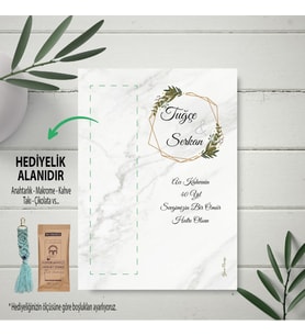 Hediyelik Kart - Gelin / Damat Mermer Desenli Tasarım - Makrome Anahtalık, Toka, Kurabiye, Kahve Kartı