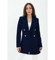 Omuzları Vatkalı Önü Çıtçıtlı Atlas Kumaş Kadın Blazer Ceket - Lacivert