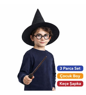 Harry Potter Tarzı Çocuk Seti (Siyah Keçe Şapka, Asa, Gözlük)