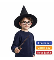 Harry Potter Tarzı Çocuk Seti (Siyah Keçe Şapka, Asa, Gözlük)