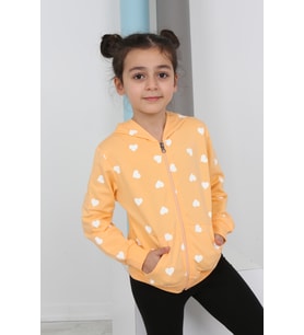 Toontoy Kız Çocuk Komple Kalpli Baskılı Hırka (Oranj)