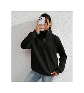 Unisex Uzun Kol Yarım Farmuarlı Yakalı Basic SweatShirt - Siyah