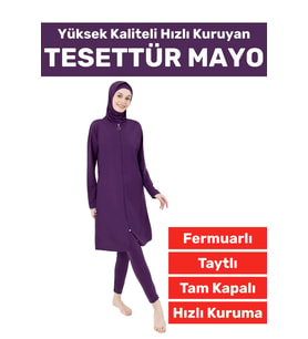 Özel Üretim Yüksek Kaliteli Konforlu Fermuarlı Taytlı Tam Kapalı Yüzücü Deniz Havuz TESETTÜR MAYO (Mor)