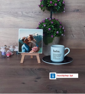Babaya Hediye Fotoğraflı Dekoratif Taş, Ahşap Altlıklı Türk Kahvesi Fincanı Hediye (Model 7)