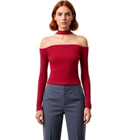 Stil Kadın Carmen Yaka Choker Detaylı Fitted Vücuda Oturan Fitilli Bluz Crop Örme Slim Kalıp