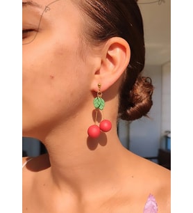 Cherry El Yapımı Polimer Kil Özel Tasarım Kırmızı Kiraz Küpe (Kırmızı-Altın)
