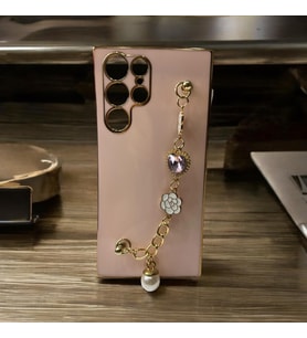 Samsung S22 Ultra zincirli taşlı silikon telefon kılıfı (Pembe)