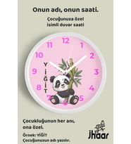 İsme Özel Sevimli Panda Çocuk Odası Duvar Saati Orta Boy 30 cm Beyaz Camlı Sessiz