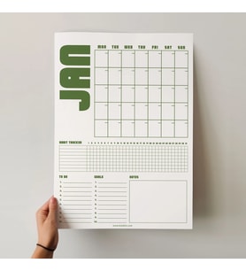 Tarihsiz Aylık Planlayıcı Takvim, Matcha Yeşil Retro Organizer Duvar Planlayıcı