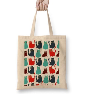 Kediler Cat Pattern Bez Çanta Uzun Saplı