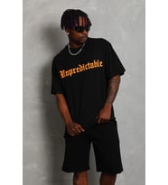 Erkek Baskılı Tişört Kısa Kol Bisiklet Yaka Oversize T-Shirt - Siyah