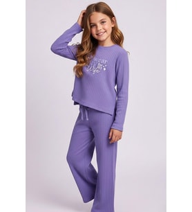 Breeze Kız Çocuk Pantolonlu Takım Yazı Nakışlı Fiyonk Detaylı 4-8 Yaş, Lila