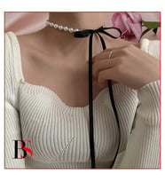 Siyah Kadife Kurdele - İnci Kadın Choker Kolye