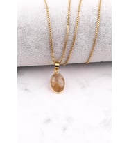 Golden Rutilli Kuvars Doğal Taş Çelik Zincirli Kolye