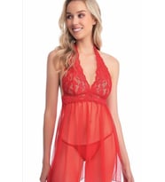 Kadın Kırmızı Dantel Babydoll Gecelik Transparan Tül İç Giyim Takımı