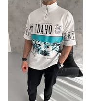 Unisex Baskılı Yarım Fermuarlı T-Shirt - Beyaz