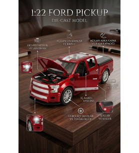 1:22 Ölçek Metal Ford Pickup Model Araba - Sesli, Işıklı ve Çek Bırak Off-Road Oyuncak Arazi Aracı