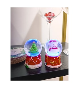 Yeni Yıl Işıklı Çam Ağacı Ve Kardan Adam Temalı Yılbaşı 2 Adet Mini Boy Işıklı Kar Küresi 6,5 Cm (Kırmızı)