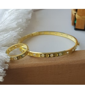 Altın KaplamaTaşlı Cartier Gümüş Kelepçe ve Yüzük Takım