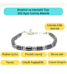 Sertifikalı Ametist ve Hematit  925 Ayar Doğal Taş Gümüş Bileklik 4mm