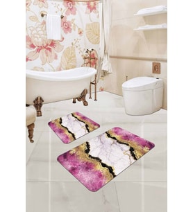 Pembe Mermer Görünümlü Banyo Halısı Klozet Paspas Seti BS335