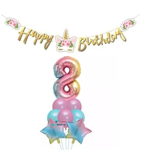 Çiçekli Unicorn 8Yaş Gökkuşağı Balon Set