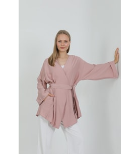 Doğal Viskon Kumaş Cepli Kemerli Kadın Kimono 1168 – Yakasız, Hafif, Dökümlü, Yazlık Model (Gül Kurusu)