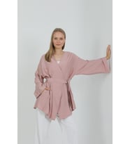 Doğal Viskon Kumaş Cepli Kemerli Kadın Kimono 1168 – Yakasız, Hafif, Dökümlü, Yazlık Model (Gül Kurusu)