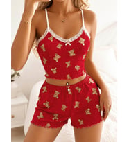 Kadın Kırmızı Ayıcık Desenli Dantelli Yumuşak Askılı Şortlu Pijama Takımı 5264 — BEDEN: S/M, RENK: K