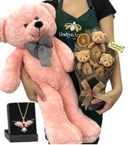 Kişiye Özel 3'lü Peluş Ayıcık Buketi, Renkli Anka Kuşu Kolye ve Pembe Peluş Ayıcık (Model 1)