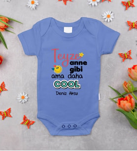 BK Kids Kişiye Özel Teyzem Anne Gibi Tasarımlı Mavi %100 Pamuklu Kısa Kol Bebek Body Zıbın, Yeni Doğan Bebek Hediyesi