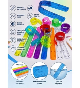 30 cm - Bükülebilir Fleksible Plastik Okul ve Çizim Cetveli Seti Karışık Renkler