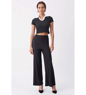 Kadın Büyük Beden Kolsuz Polo Yaka Crop Top Geniş Paça Pantolon Örme Takım Lastikli Günlük Rahat