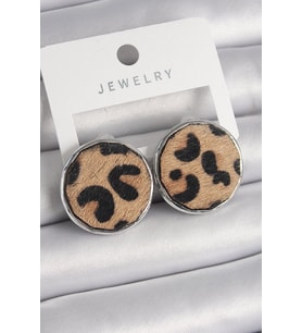 Pirinç Gümüş Renk Daire Plaka Model Leopar Desenli Kadın Küpe - TJ-BKP9890