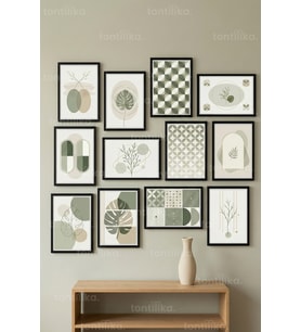 12 Parça Minimal Bitki Geometrik 2 Renk Seçenekli Dekoratif Çerçeve Görünümlü Tablo Seti
