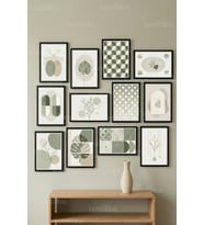 12 Parça Minimal Bitki Geometrik 2 Renk Seçenekli Dekoratif Çerçeve Görünümlü Tablo Seti