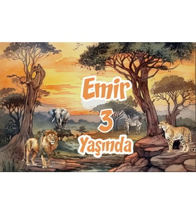 Safari Gün Batımı ve Hayvanlar Temalı Doğum Günü Afişi 35X50 cm