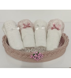 FNT Oval Havlulu Örgü sepet 30*50 cm 4 adet pamuklu fistolu fiyonklu havlu Hediyelik Bohçalık çeyizlik