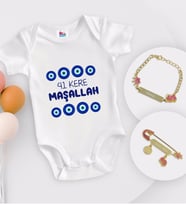 BK Kids Kişiye Özel Maşallah Tasarımlı Beyaz Bebek Body Zıbın Kız Bebek Künyesi ve İğnesi Hediye Seti-2