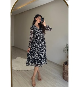 Neşeli butik kadın kruvaze yaka desenli midi boy şifon elbise NM016 (Siyah)