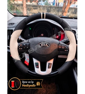 Kia Sportage SL Dikme Direksiyon Kılıfı Delikli Deri Parlak Siyah Bej Detay Çift Yüzük ve Dikiş 2010-2015